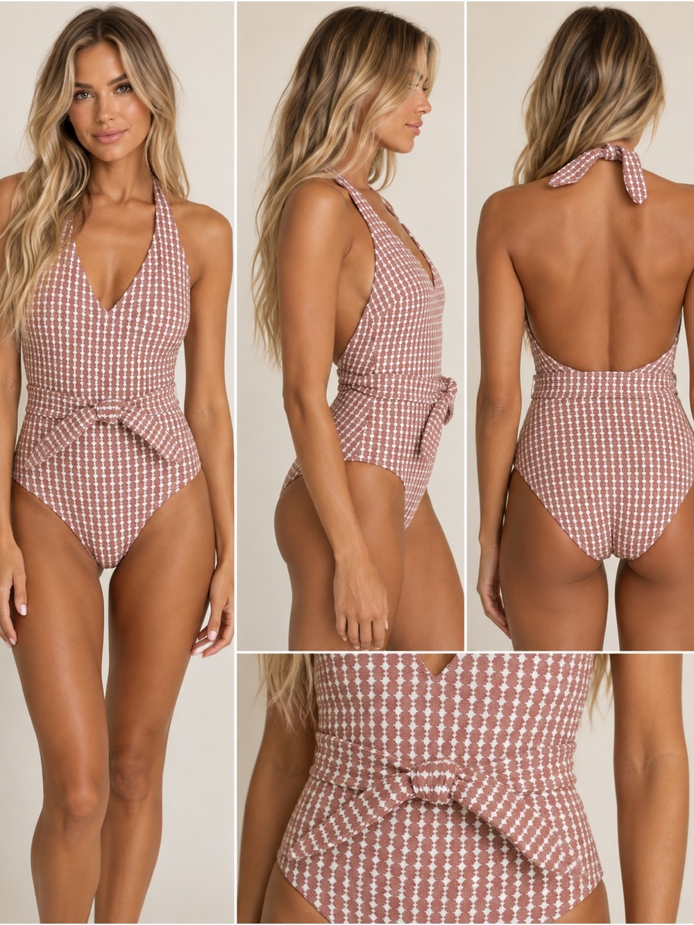 Lemlem Copper brown sparkle Gingham Halter One-Piece Swimsuit - Medium